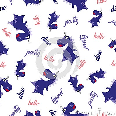 Seamless dinosaur pattern. Animal white background with dark blue dino. Vector illustration. Vector Illustration